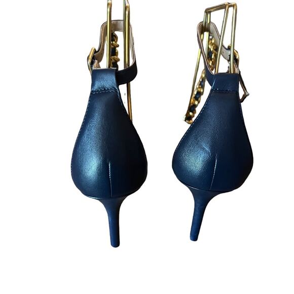 Lauren Ralph Lauren Kate T-Strap Chain Leather Dress Sandals Navy  NEW Size 6 - Picture 4 of 8